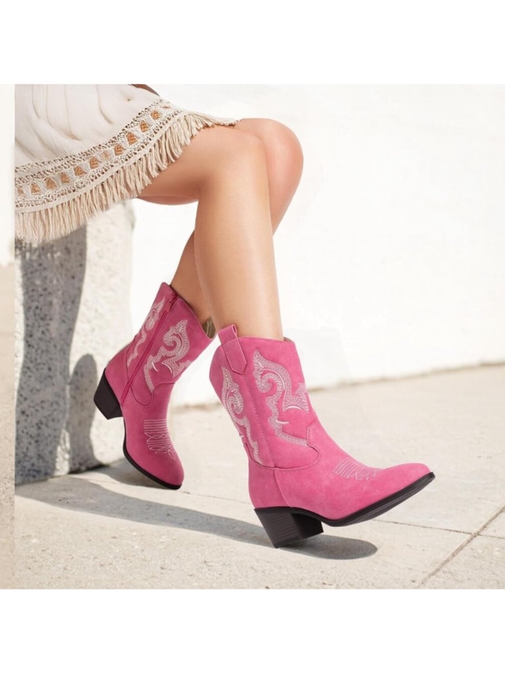 Women Pink Suede leather Embroidered Country Heel Pointed Toe Cowgirl Boots - Picture 7 of 8